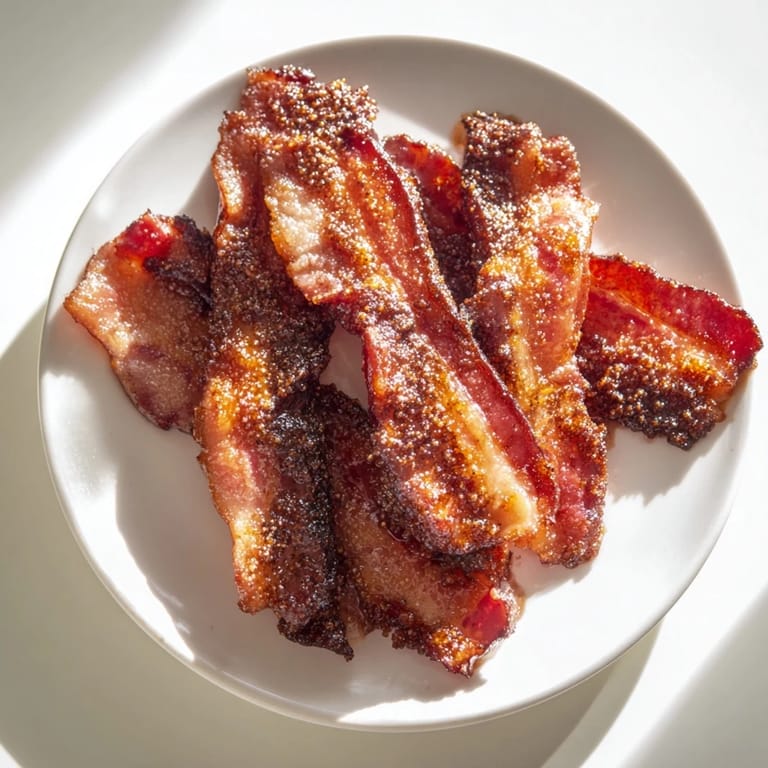 Close-up of baked Snoop Dogg Billionaire Bacon reveals extra-thick, glazed slices, perfect for a brunch appetizer.