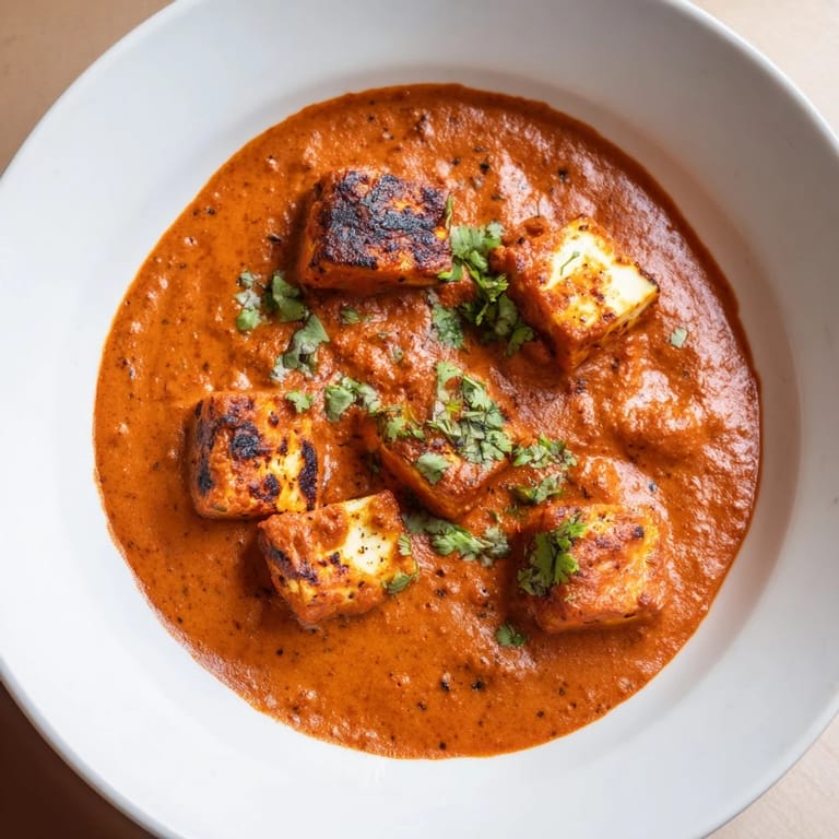 A sizzling photo of Paneer Tikka Masala, showcasing chunks of grilled paneer in a rich, reddish sauce.