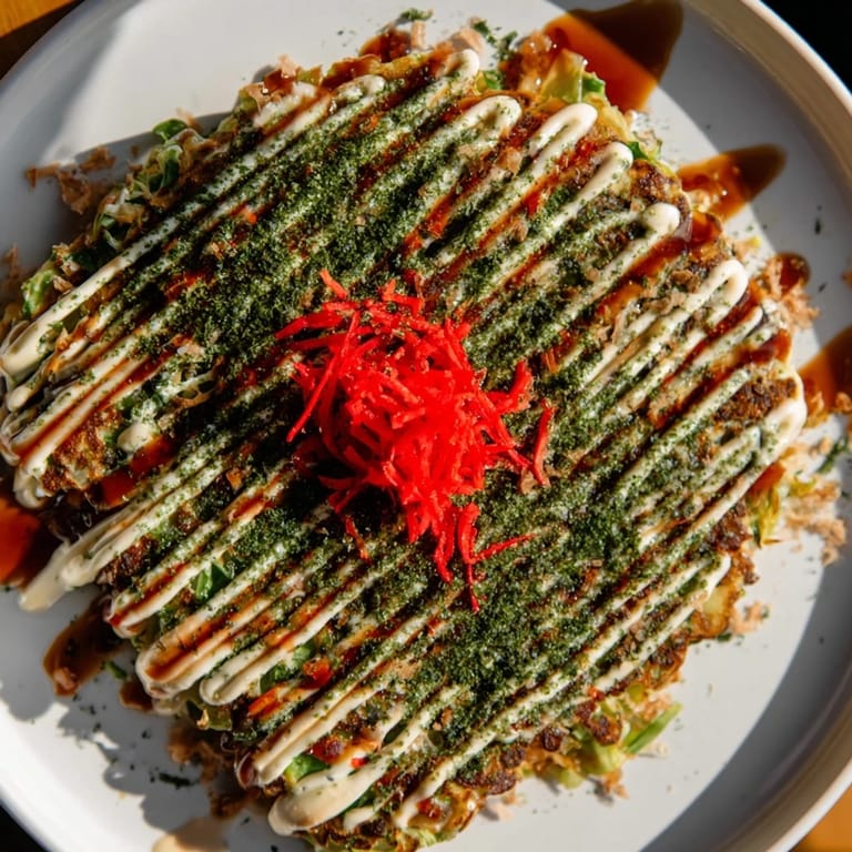 Imagine the texture: A fluffy Okonomiyaki pancake, layered with fresh vegetables and flavorful Japanese toppings.