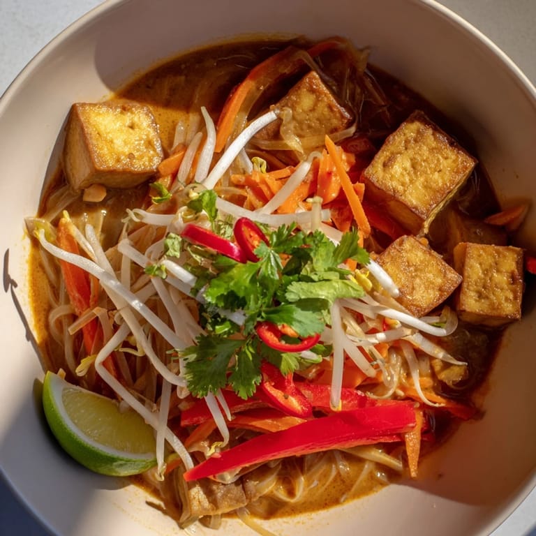 Close-up of a flavorful Malaysian Laksa Curry featuring rice noodles, fried tofu, and fresh herbs in a rich curry.