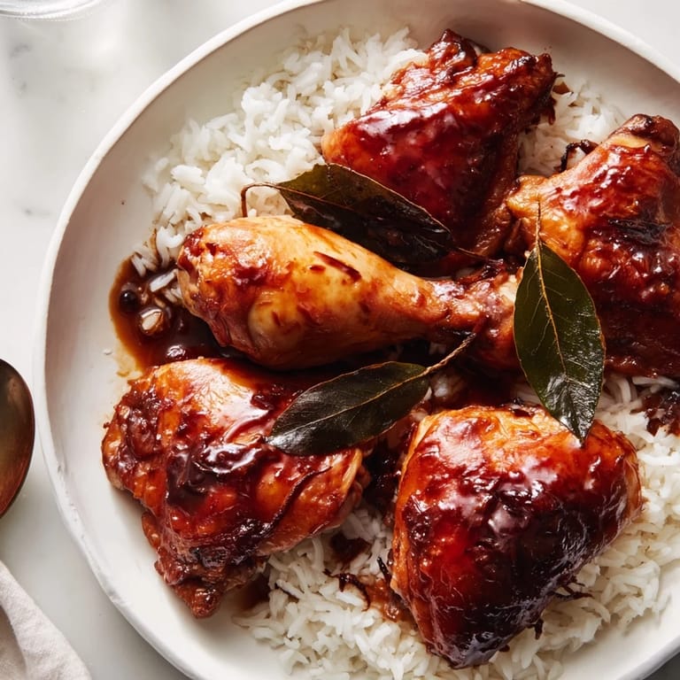 Savory Filipino Chicken Adobo, with glistening chicken pieces, simmered until fork-tender and ready to serve.