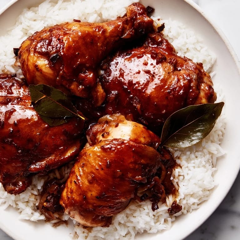 A close-up of steaming Filipino Chicken Adobo, showcasing the flavorful sauce and succulent chicken thighs.