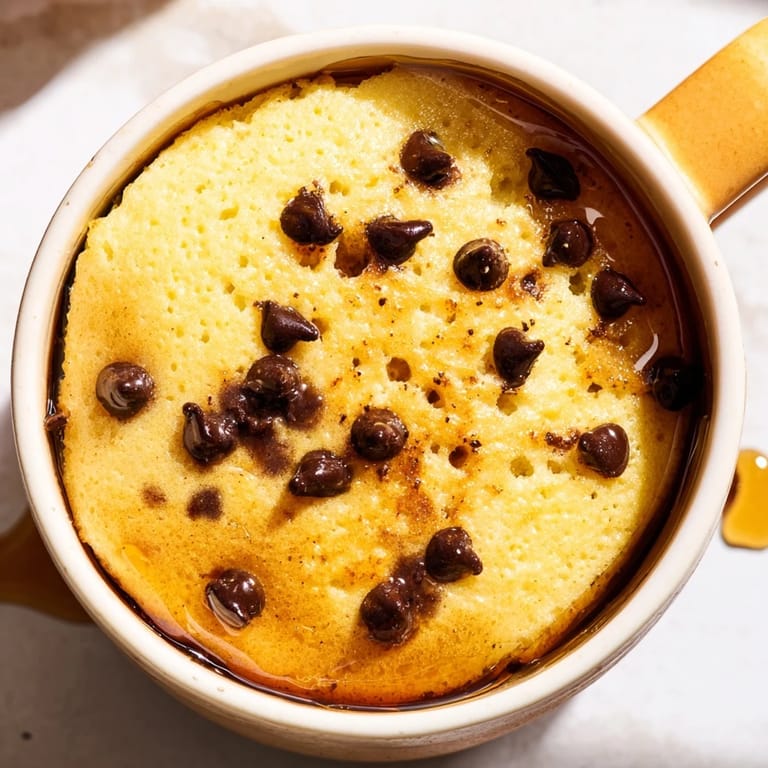 Steam gently rising from a freshly microwaved single-serving pancake in a mug, topped with fresh blueberries for a quick and easy breakfast.
