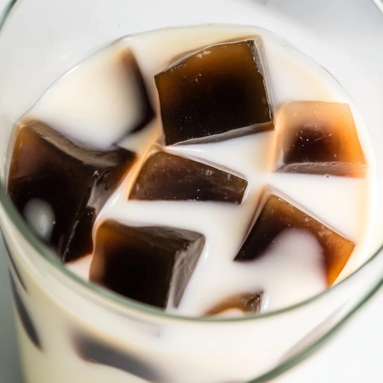 Spoonfuls of sweet Coffee Jelly Drink with translucent coffee jelly cubes rest in a creamy white milk blend, ready for a refreshing afternoon treat.  
