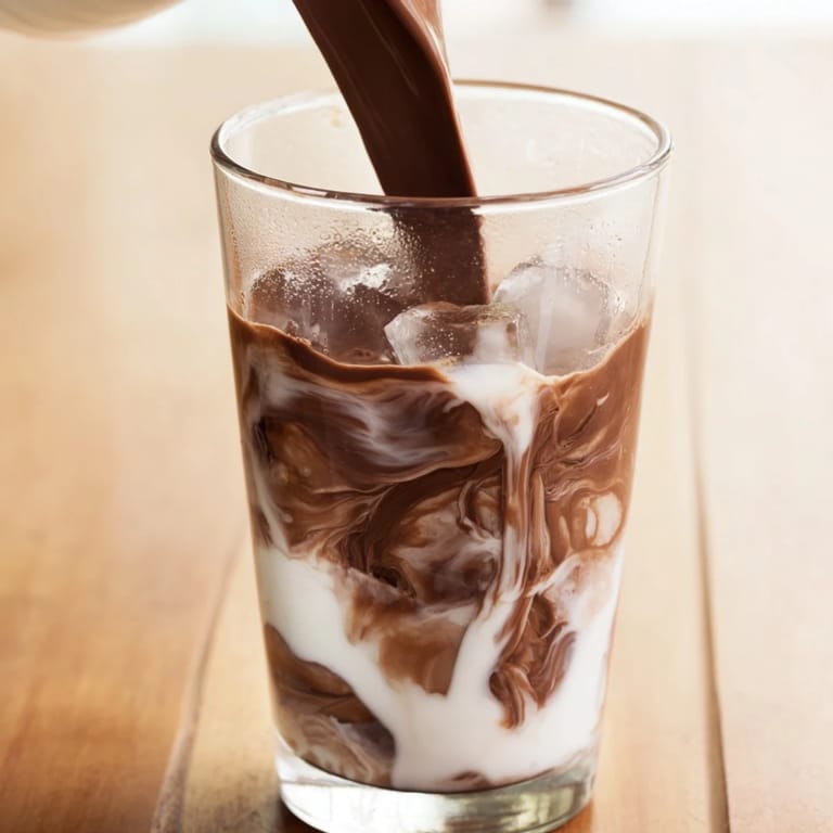 Spoon stirring a homemade Milo Ice Latte Hack over ice, showing the rich chocolate malt flavor blending into cold milk for an easy energy boost.  