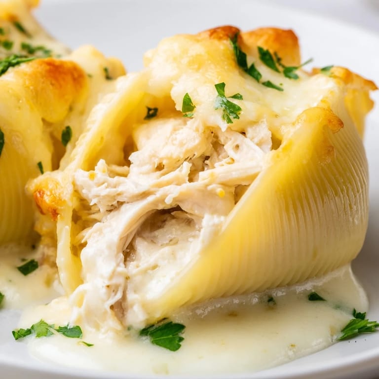Spoon lifting a cheesy bite of Chicken Alfredo Stuffed Shells, revealing creamy filling inside.