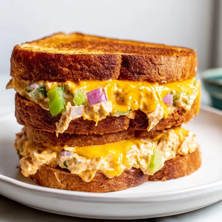 Spicy Tuna Melt sandwich on a plate, featuring gooey melted cheese, zesty tuna filling, and toasted crust.