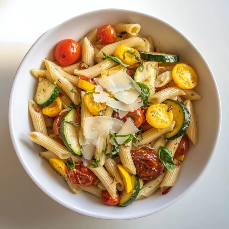Colorful Garden Veggie Pasta served in a white bowl with golden pan-seared vegetables and a sprinkle of Parmesan, ready to enjoy.