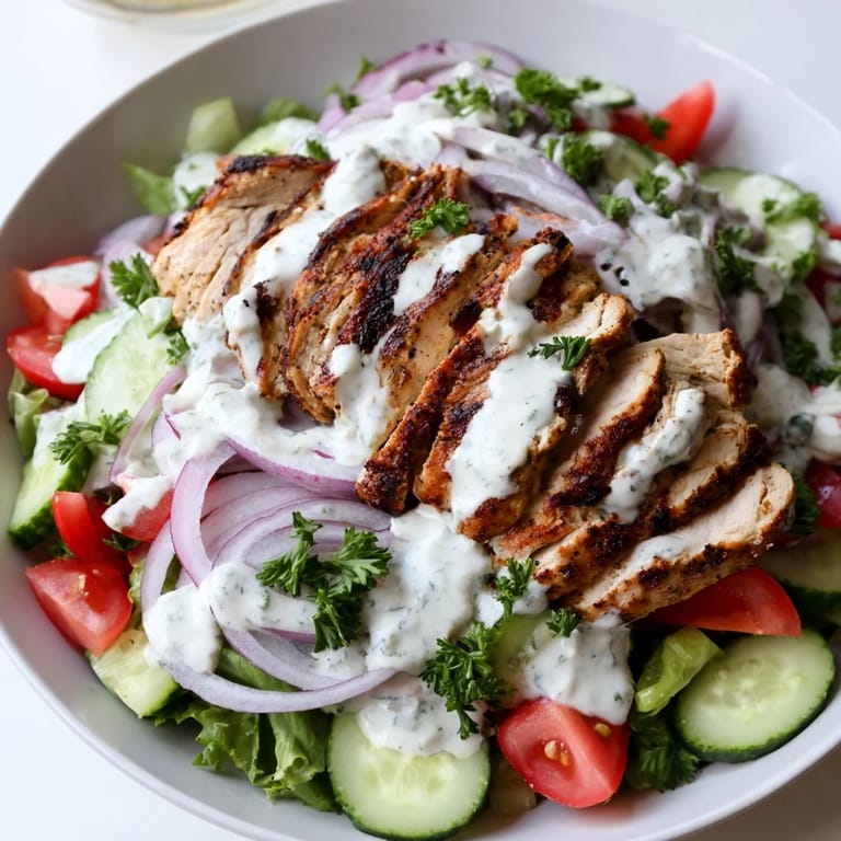 Golden-brown grilled Chicken Shawarma Salad ingredients arranged in a fresh bowl, ready for a creamy yogurt dressing and a squeeze of lemon. 