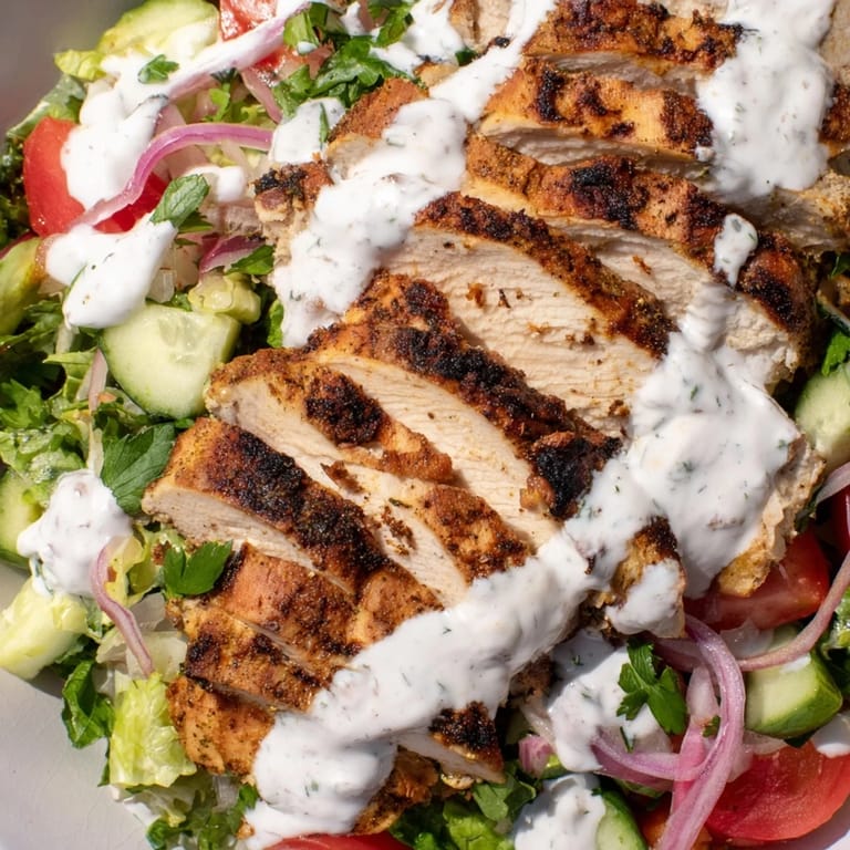 Hearty Chicken Shawarma Salad with tender spiced chicken, crisp vegetables, and a tangy yogurt sauce, served as a vibrant gluten-free main dish.