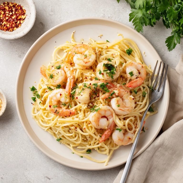 Ready to serve Lemon Garlic Shrimp Pasta garnished with lemon wedges and Parmesan, perfect for a quick, flavorful weeknight meal.