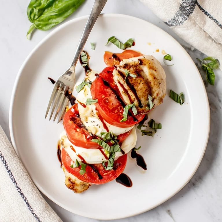 Close-up of a delicious Caprese Chicken Skillet, highlighting melted cheese, fresh basil, and a drizzle of balsamic glaze on the chicken.