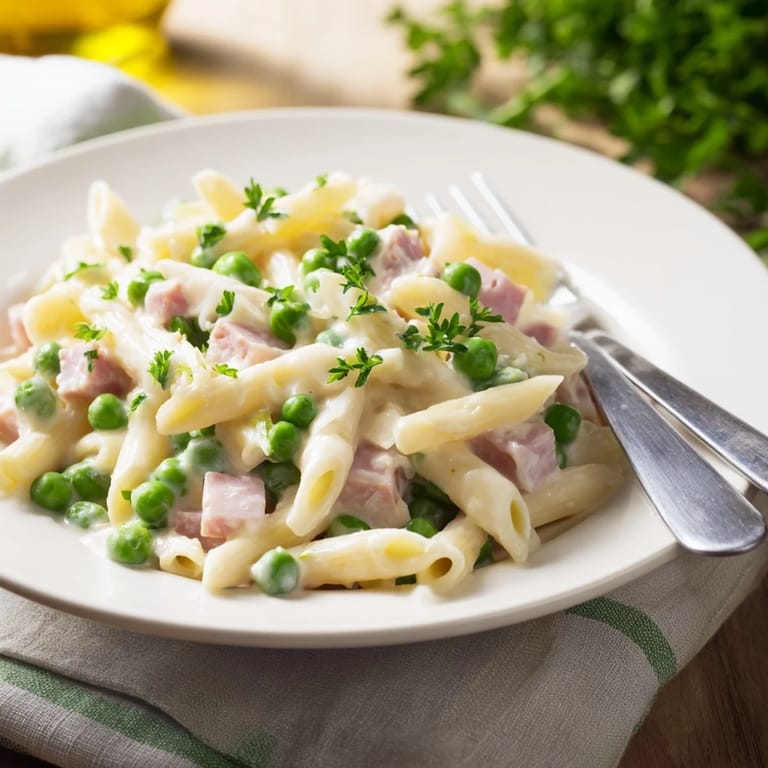 Spring Pea & Ham Pasta served in a white bowl, garnished with fresh parsley and grated Parmesan.