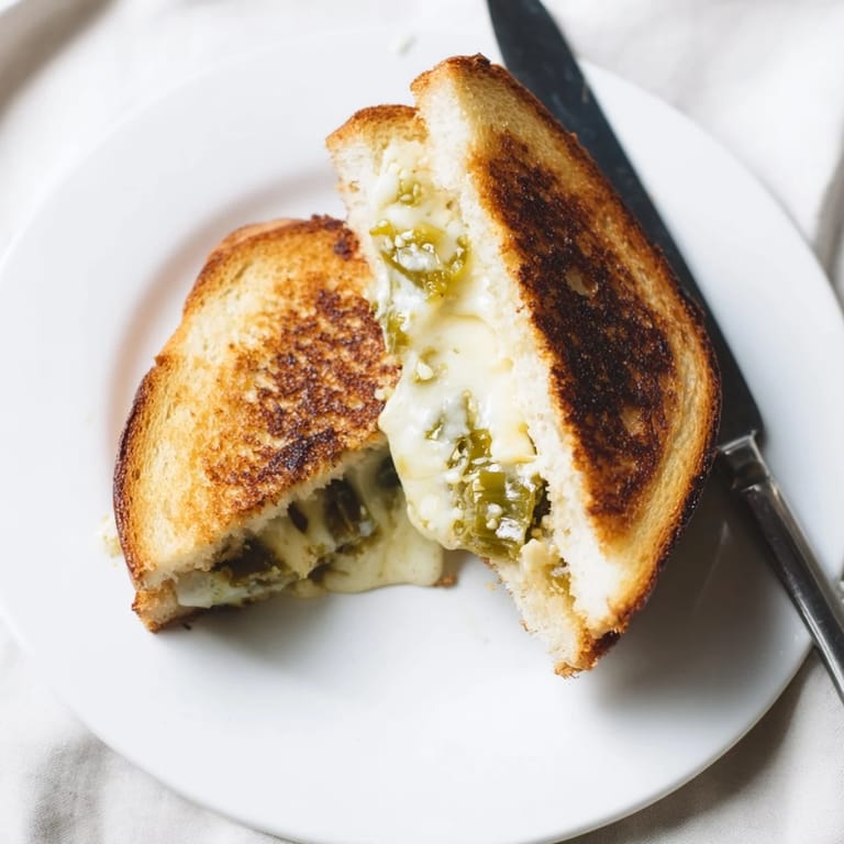 Crispy grilled cheese loaded with spicy jalapeños and creamy pepper jack, served hot alongside tomato soup.