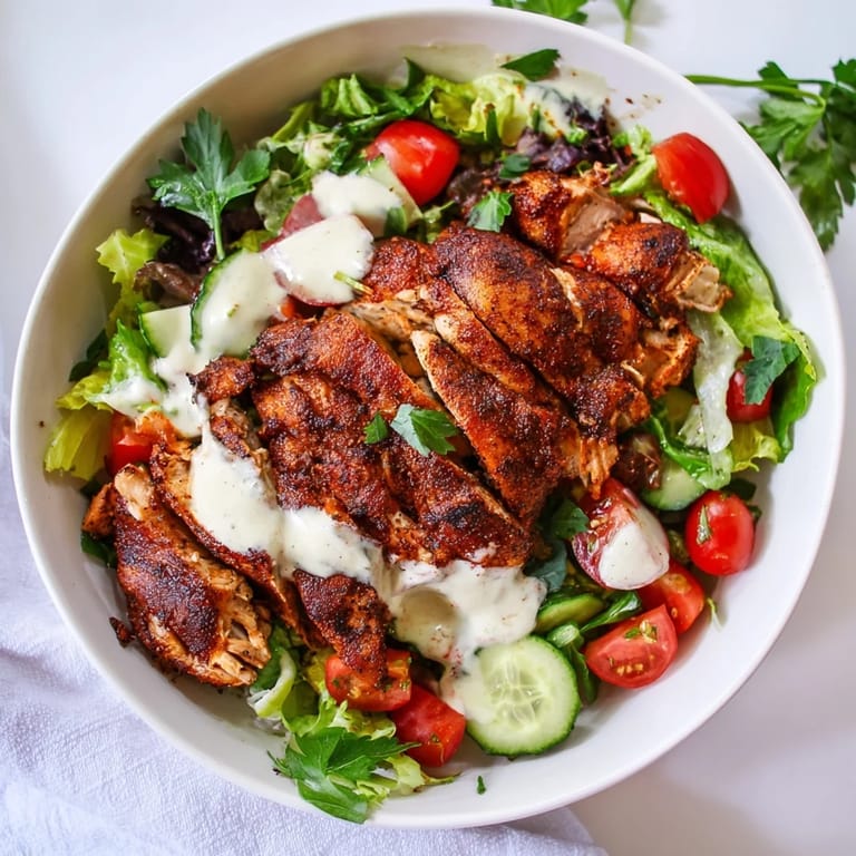 A vibrant Chicken Shawarma Salad Bowl features juicy, golden chicken atop fresh greens, diced cucumbers, tomatoes, and parsley, ready to enjoy.
