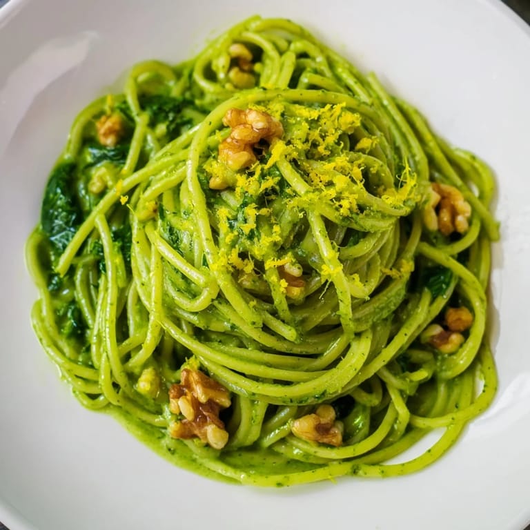 A close-up of creamy spinach walnut pasta reveals its velvety sauce, garnished with walnuts and a lemon wedge.