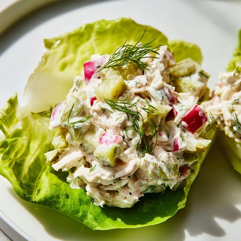 Juicy Dill Pickle Chicken Salad Lettuce Cups plated with extra pickle juice drizzle, perfect for easy weeknight dinners.