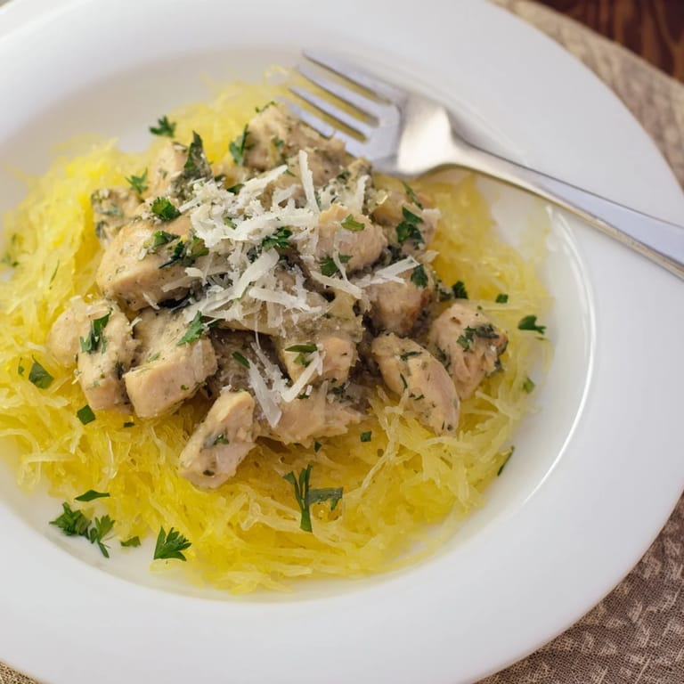 Fork-tender spaghetti squash serves as a low-carb base for savory lemon-garlic chicken in this gluten-free American dish.