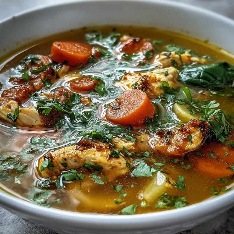 Hearty Turmeric Chicken Soup garnished with cilantro and lemon wedges beside a spoon.