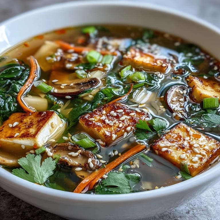 Hearty Ginger-Miso Winter Soup simmering in a pot, featuring julienned carrots, sliced mushrooms, and a fragrant broth infused with fresh ginger and garlic.