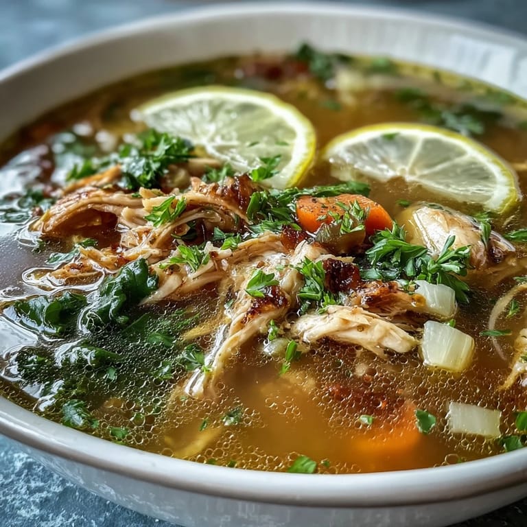 Shredded chicken and baby kale float in vibrant High Protein Lemon and Turmeric Chicken Soup served with crusty bread.