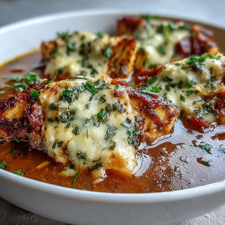 Hearty Grilled Chicken Parmesan Soup served in a white bowl, garnished with mozzarella, Parmesan, fresh basil, and croutons.