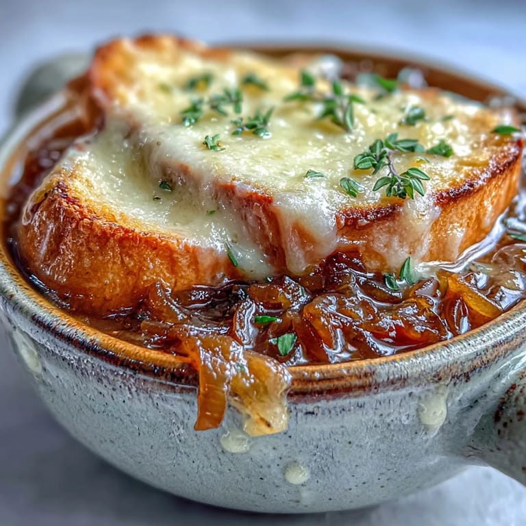 Golden, bubbly cheese melts over a rich Dutch Oven French Onion Soup, garnished with fresh thyme and served alongside a crisp green salad for a complete dinner.