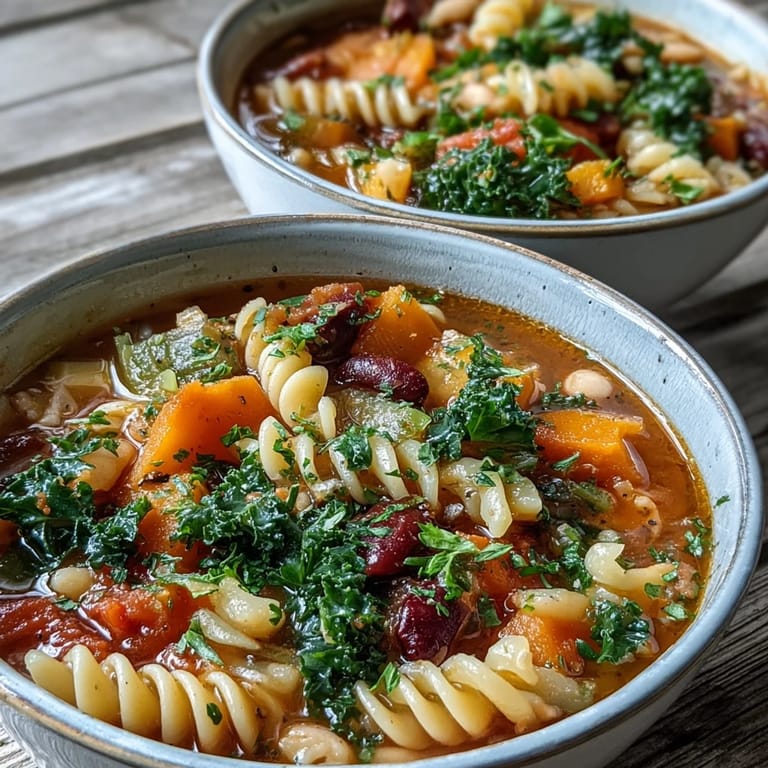 Freshly ladled Winter Minestrone Soup With Butternut Squash and Kale is garnished with parsley and Parmesan, perfect for a cozy dinner.