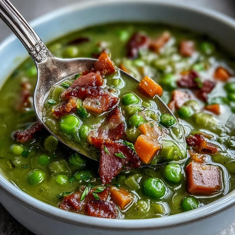 Close-up of rich green Split Pea and Ham Soup with a ladle scooping up the thick, hearty texture and a ham bone nearby.