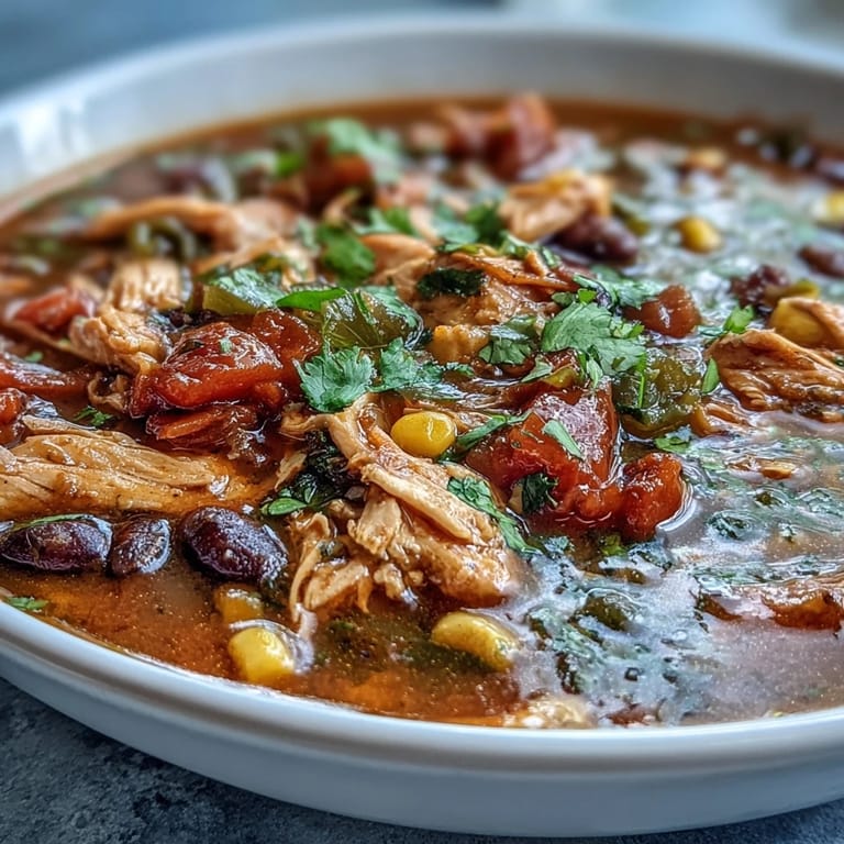 Southwestern Turkey Soup garnished with fresh cilantro, creamy avocado slices, and crushed tortilla chips for a crunchy Tex-Mex finish.  