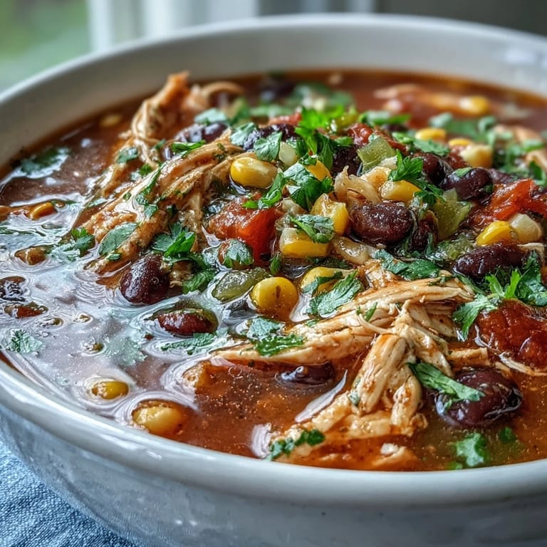 Hearty Southwestern Turkey Soup served in a rustic bowl, showcasing vibrant red tomatoes, green chiles, and hearty beans in a savory broth.