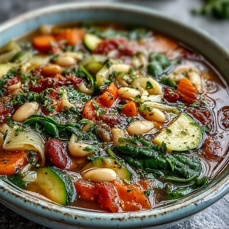 A vibrant bowl of Minestrone Soup featuring colorful vegetables, cannellini beans, and ditalini pasta, perfect for a cozy vegetarian dinner.