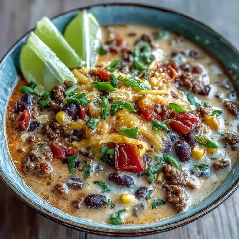 Creamy taco soup simmering in a Dutch oven, with ground beef, corn, and beans in a rich, tomato-based broth.  