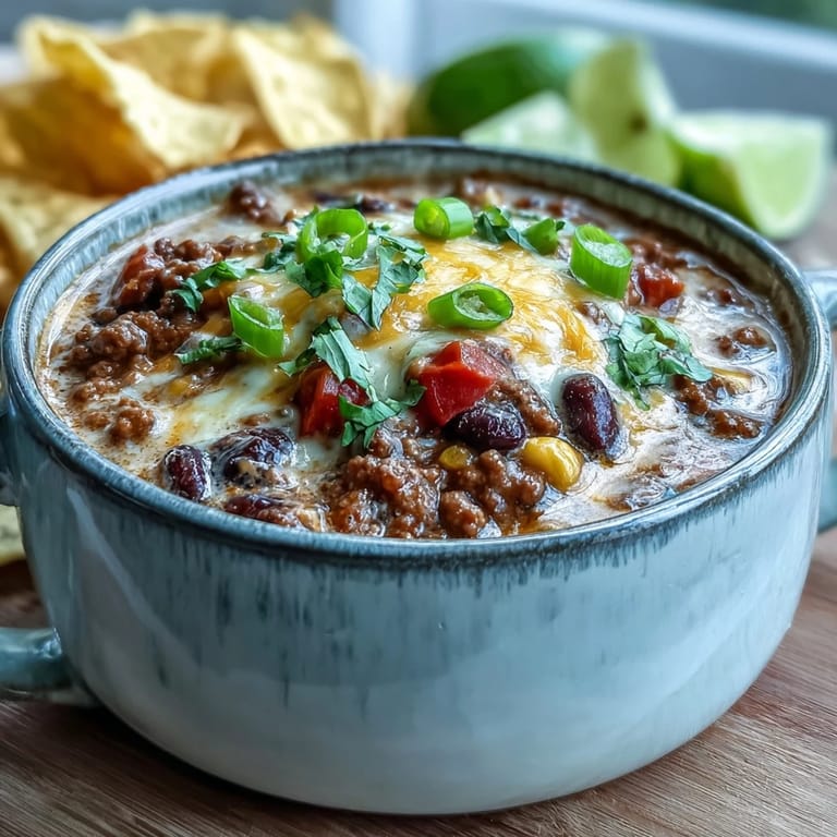 Close-up view of creamy taco soup in a rustic bowl, garnished with fresh cilantro, cheese, and a dollop of sour cream.