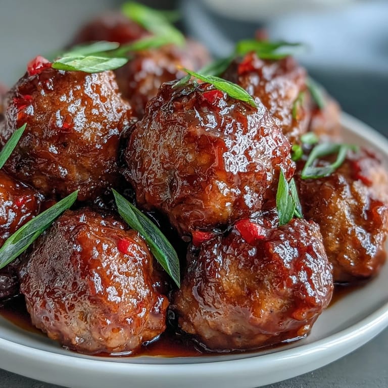 Slow Cooker Peach Glazed Meatballs glistening with a tangy peach and chili sauce glaze, ready to serve over steamed rice.