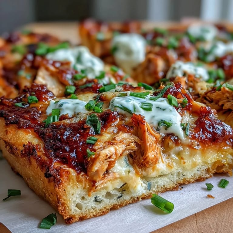 A close-up of a Buffalo Chicken Pizza slice being lifted, revealing gooey cheese and spicy buffalo chicken on a ranch-coated base.