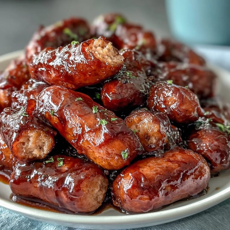 Tender smoked cocktail sausages simmering in sweet, tangy BBQ sauce in a crock pot for an easy party snack.