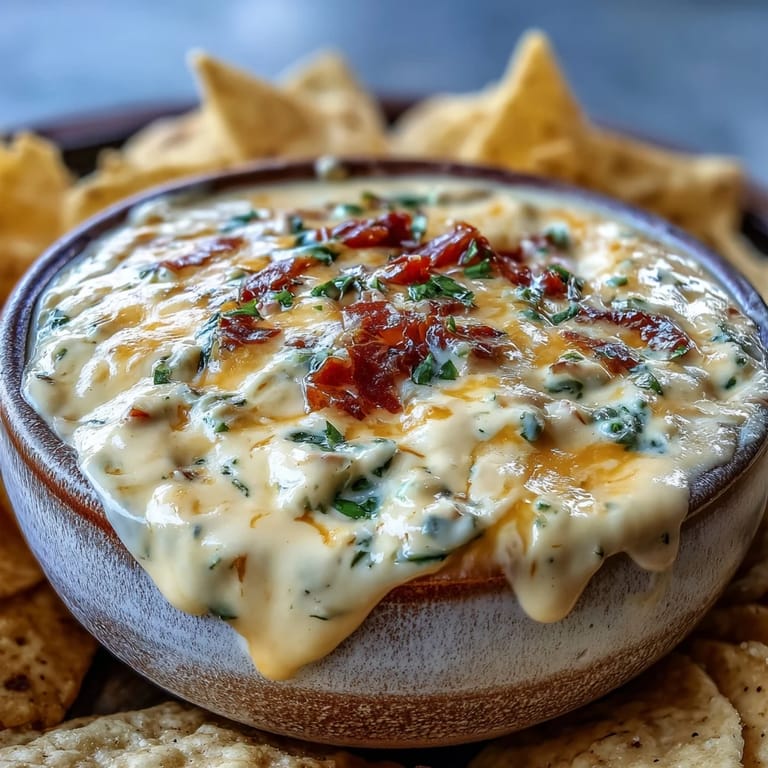 A close-up of bubbling Queso Dip with jalapeños and tomatoes, ready for scooping with sturdy tortilla chips.