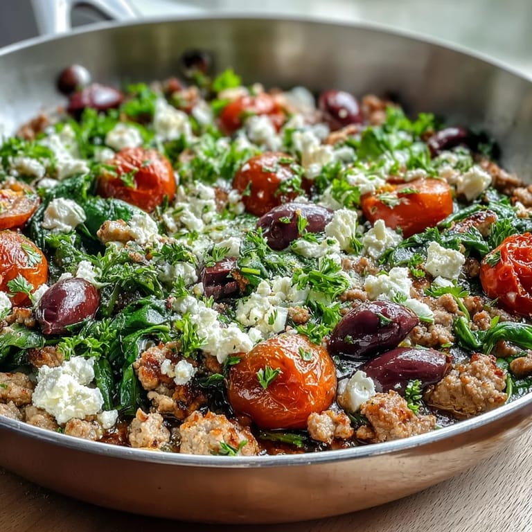 A cast-iron skillet of Mediterranean Keto Ground Chicken Skillet with Olives and Feta, garnished with baby spinach and lemon wedges.