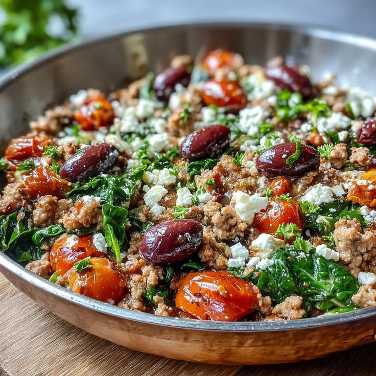 Spoonful of Mediterranean Keto Ground Chicken Skillet with Olives and Feta over creamy cauliflower rice for a low-carb meal.