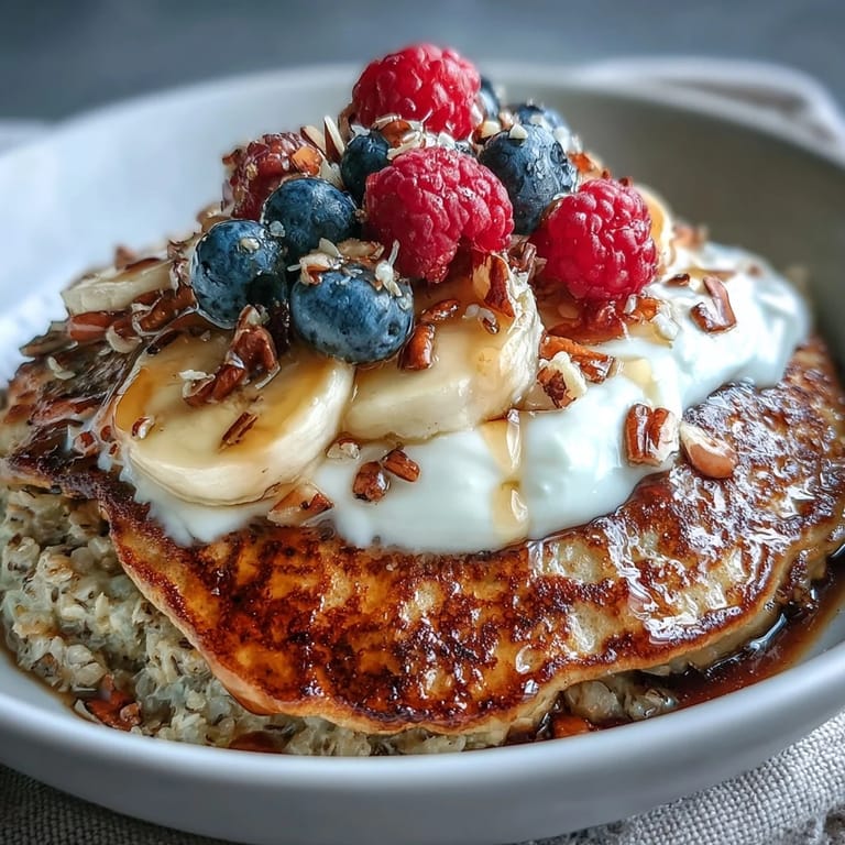 Steaming Protein Pancake Bowl with a fluffy oat and banana base, topped with tangy yogurt, vibrant berries, and a sweet drizzle of honey.