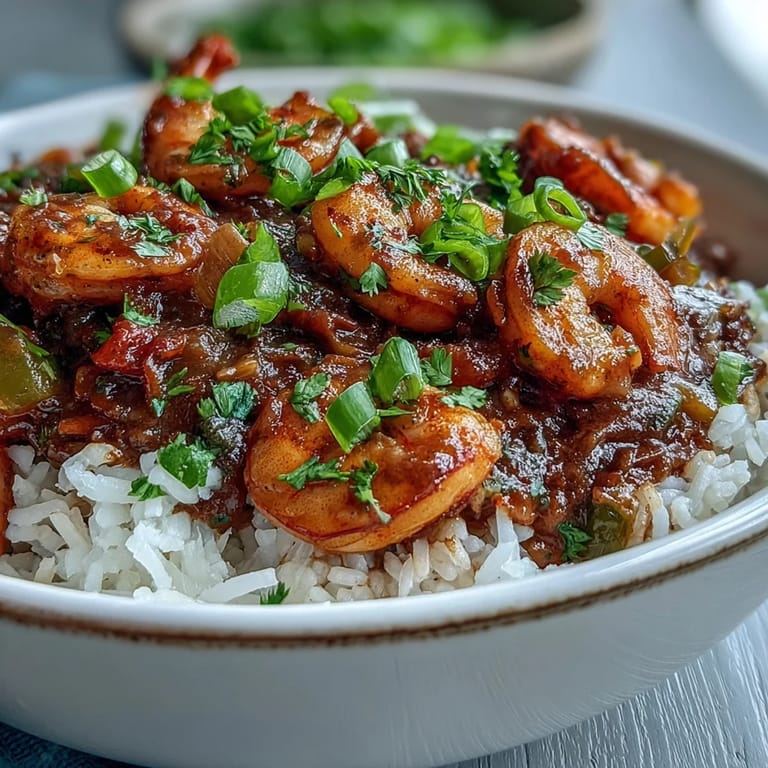A rustic bowl of Classic New Orleans Étouffée, featuring succulent shrimp in a rich, dark sauce served over steaming fluffy white rice.