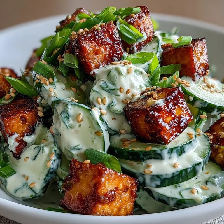A close-up showcases the crunchy cucumbers and creamy sesame-ginger dressing of the Creamy Asian Cucumber Salad with golden tofu cubes for a protein-packed lunch.