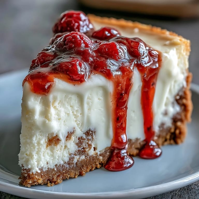 Decadent White Chocolate Raspberry Cheesecake garnished with fresh berries, ready to serve at a festive celebration or elegant dinner party.