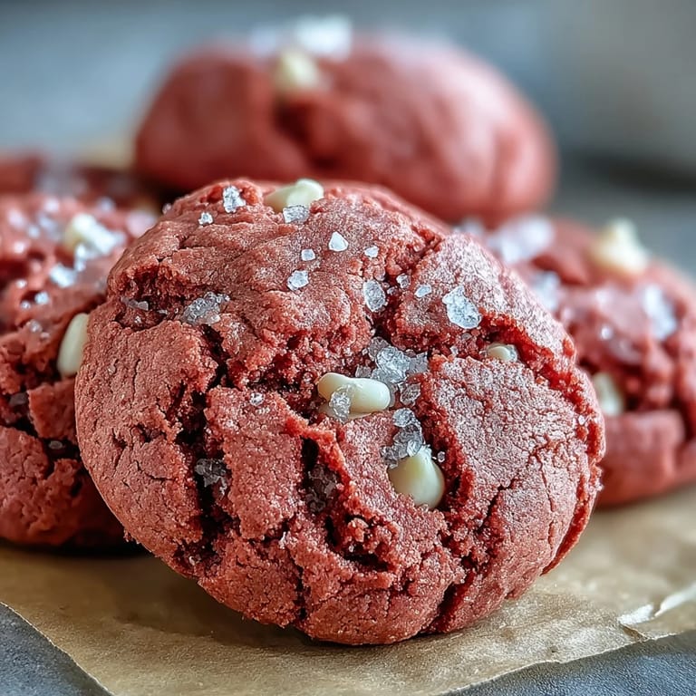 Freshly baked Pink Velvet Cookies on a wire rack with melted white chocolate chips.