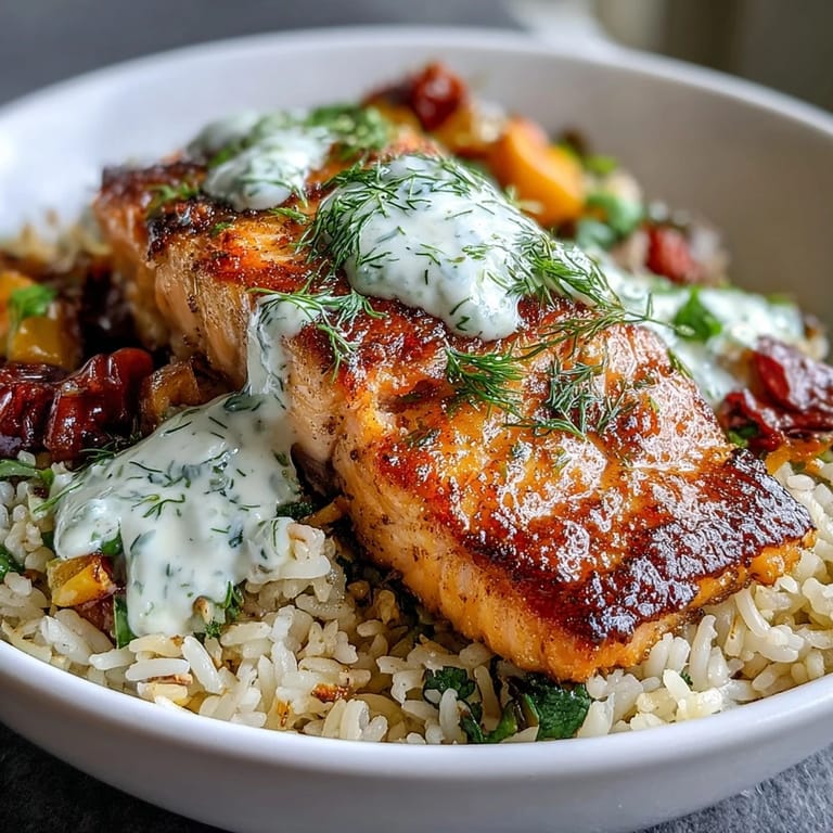 A close-up of the Crispy Rice Salmon Bowl shows a zesty lemon-yogurt drizzle glistening over seared salmon and roasted vegetables.  