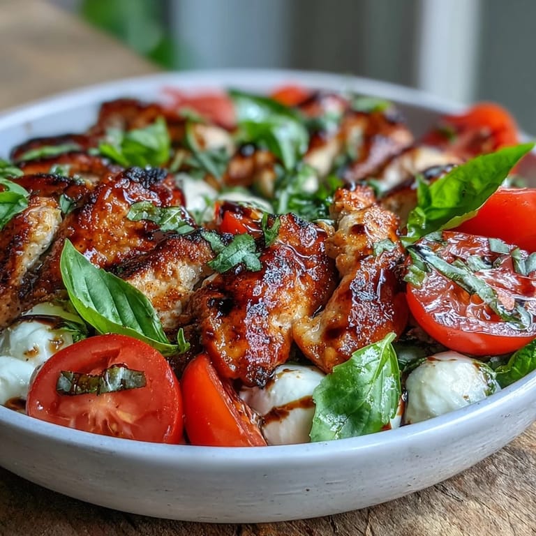 A vibrant Caprese Chicken Bowl features juicy grilled chicken, creamy mozzarella, and sweet balsamic glaze over fresh salad greens.