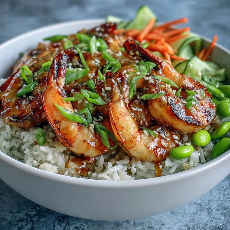An overhead view highlights the vibrant Asian Shrimp Bowl, featuring plump shrimp, colorful vegetables, and a glossy ginger-sesame dressing on a bed of jasmine rice.