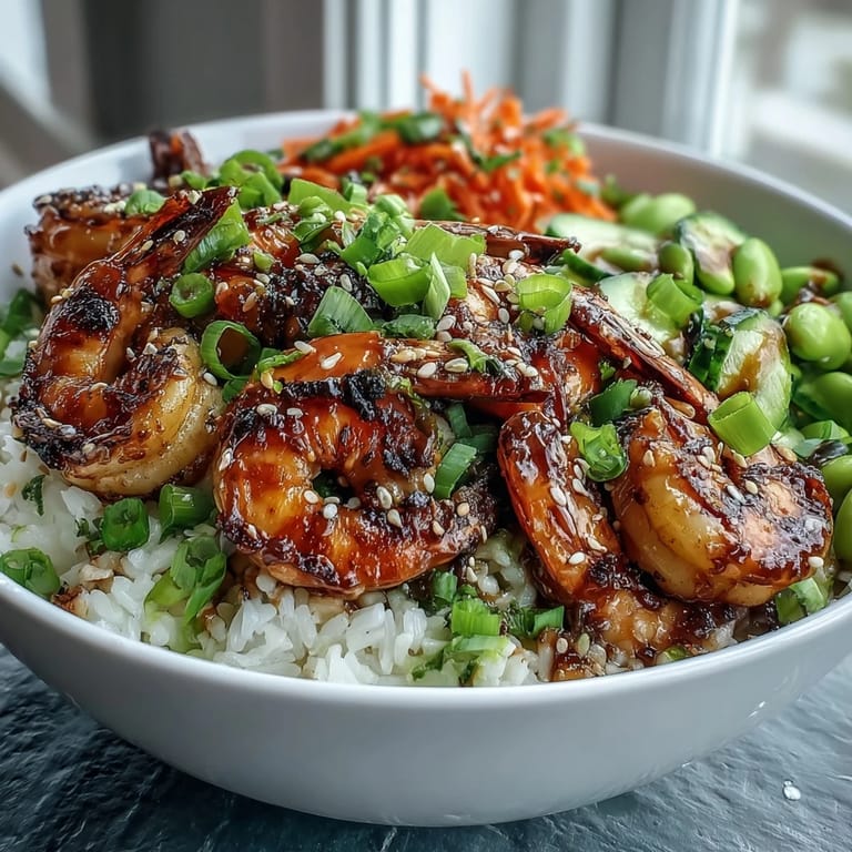 An inviting Asian Shrimp Bowl pairs tender grilled shrimp with edamame, carrots, and cucumber over warm rice, garnished with scallions and sesame seeds for a healthy, satisfying meal.