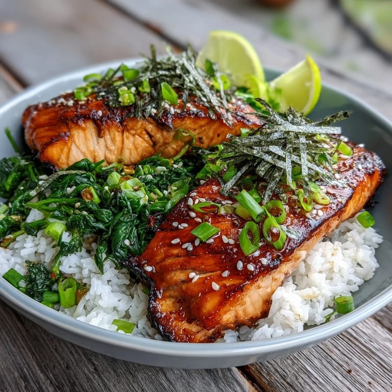Glossy salmon fillet glaze and bright green spinach in a miso glazed salmon bowl.  